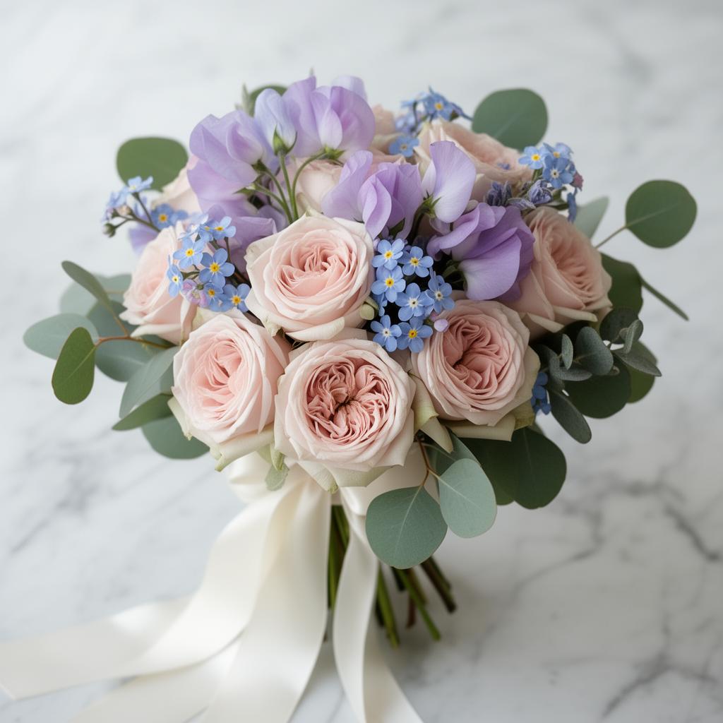 Buquê de rosas blush e ervilhas-de-cheiro lilás